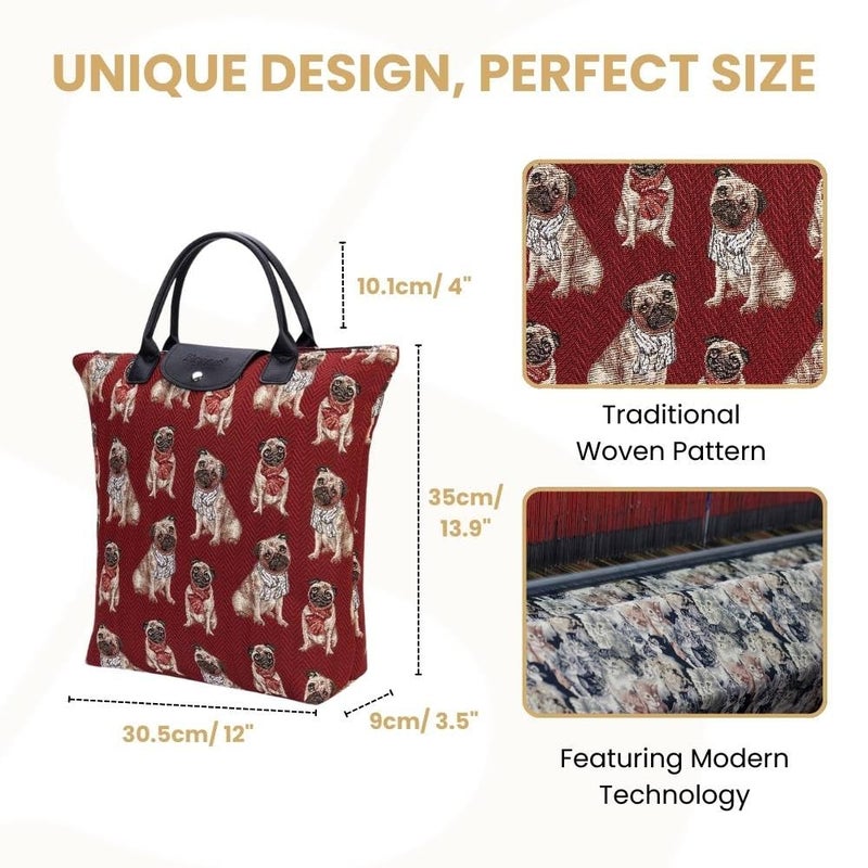 Signare Tapestry Foldable Tote Bag Reusable Shopping Bag Grocery Bag With Pug Dog (FDAW-PUG) - Image 3